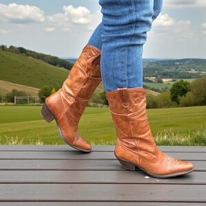 Steve Madden Cognac Western Leather Mid-Calf Heeled Boots